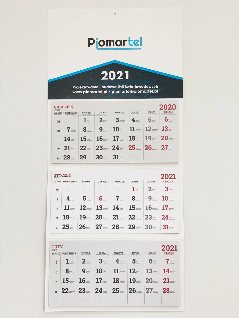 kalendarze trójdzielne z logo Piomartel