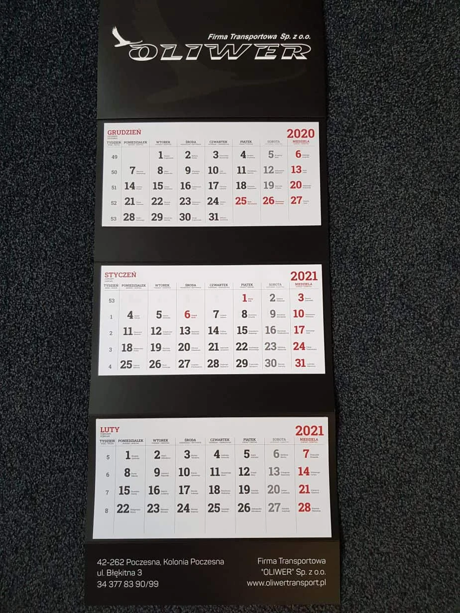 kalendarze trójdzielne z logo Oliwer