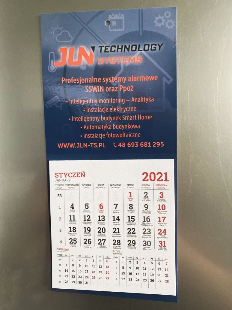 Kalendarze na lodówkę z nadrukiem dla JLN Technology Systems