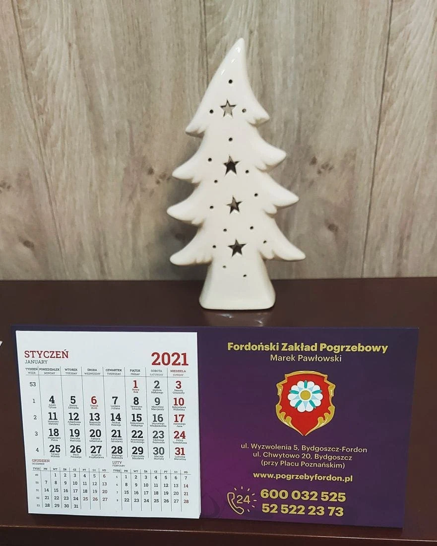 kalendarze biurkowe z nadrukiem "Fordyński Zakład Pogrzebowy"