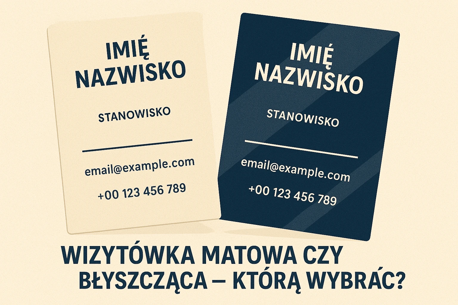 Wizytówki matowa i błyszcząca obok siebie na jasnym tle, wybór wykończenia wizytówki – projektowanie materiałów reklamowych