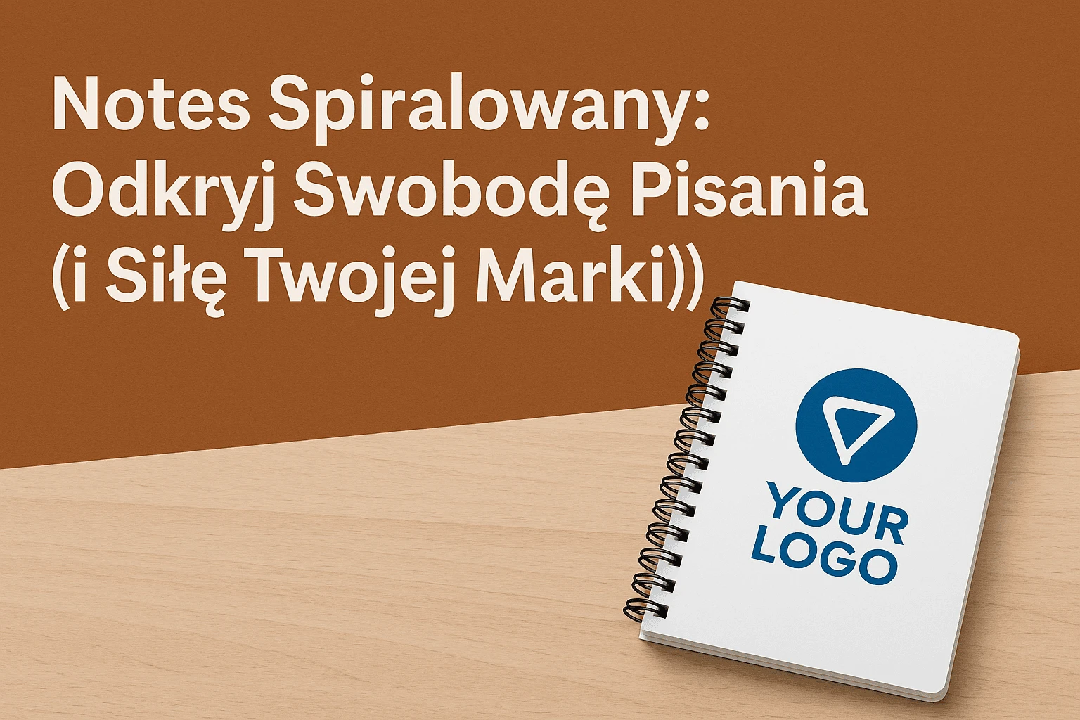 Notes spiralowany z logo firmy na drewnianym biurku, obok tekstu promocyjnego: ‘Notes Spiralowany: Odkryj Swobodę Pisania