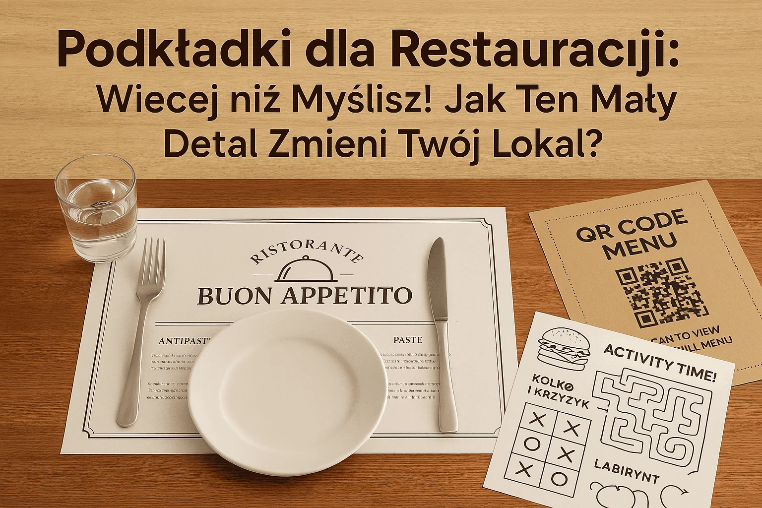Personalizowane podkładki dla restauracji z logo – przykład zastosowania placematów z menu QR, zabawą dla dzieci i brandingiem lokalu na stole