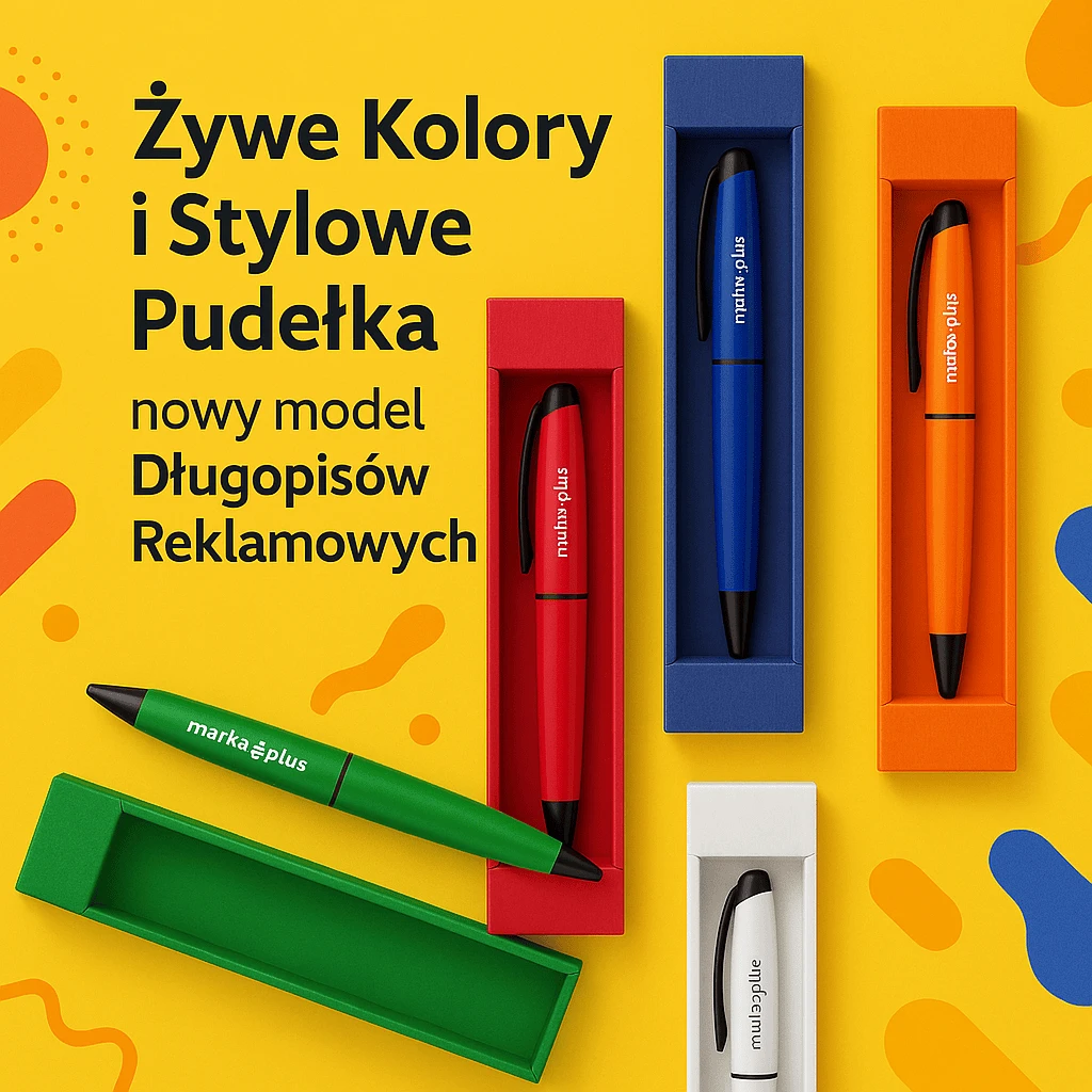 Kolorowe długopisy reklamowe z logo Marka Plus w dopasowanych pudełkach prezentowych – nowy model gadżetów reklamowych idealnych na targi i eventy