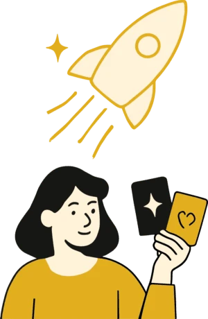 postać trzymająca wizytówki w ręku i rakieta lecąca powyżej