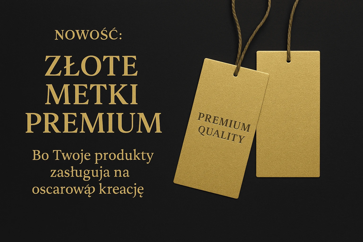 Złote metki premium na ciemnym tle z napisem 'Nowość: Złote Metki Premium. Bo Twoje produkty zasługują na oscarową kreację"