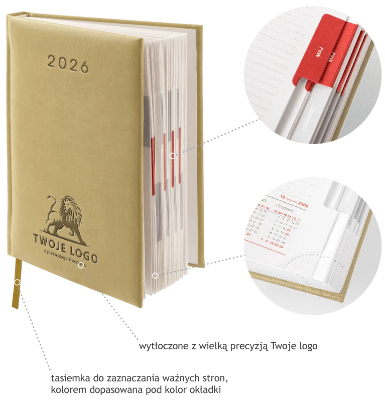 kalendarze książkowe standard z tłoczonym logo infografika
