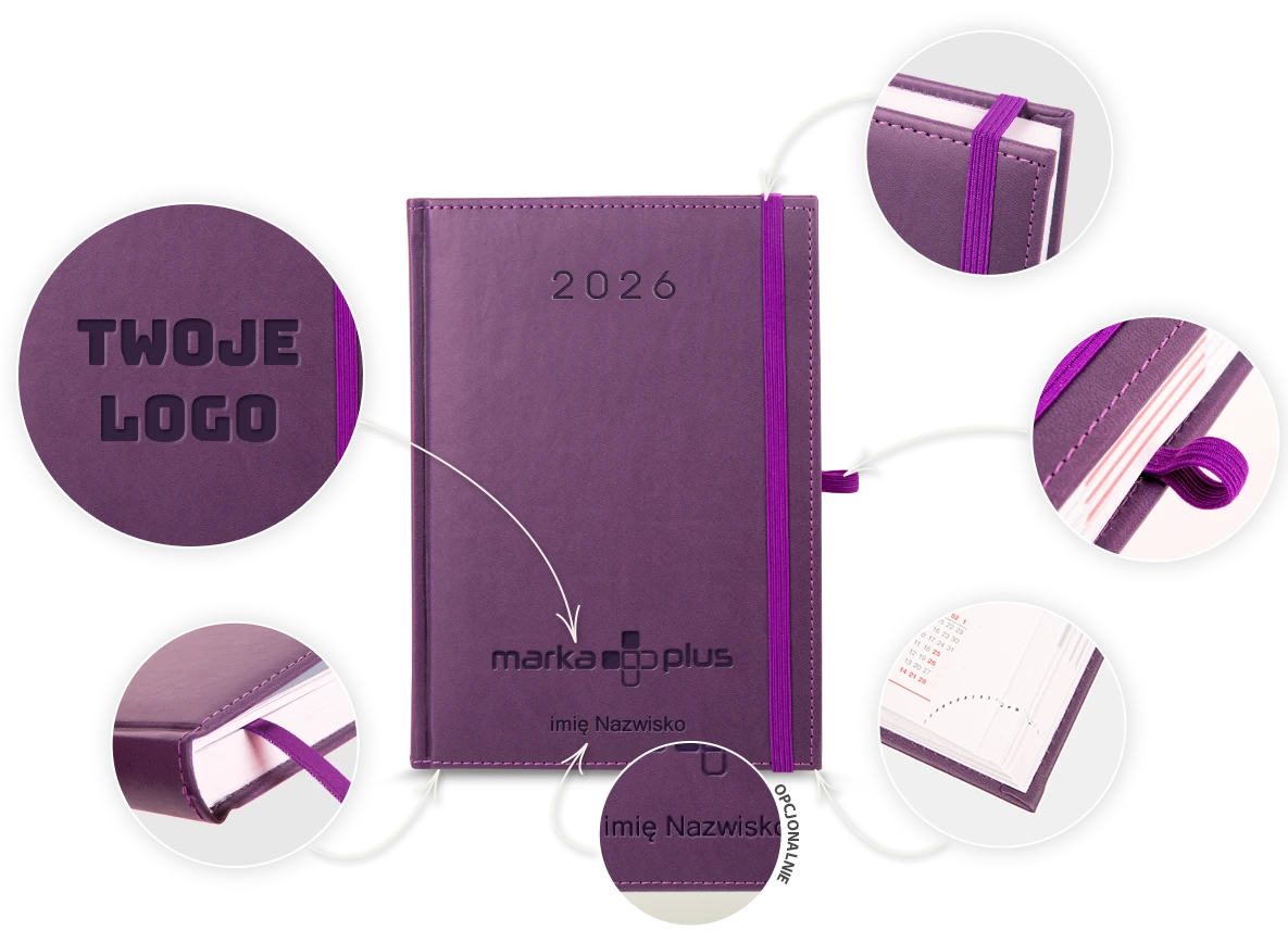 kalendarz z logo i gumką oraz obszyciem - infografika