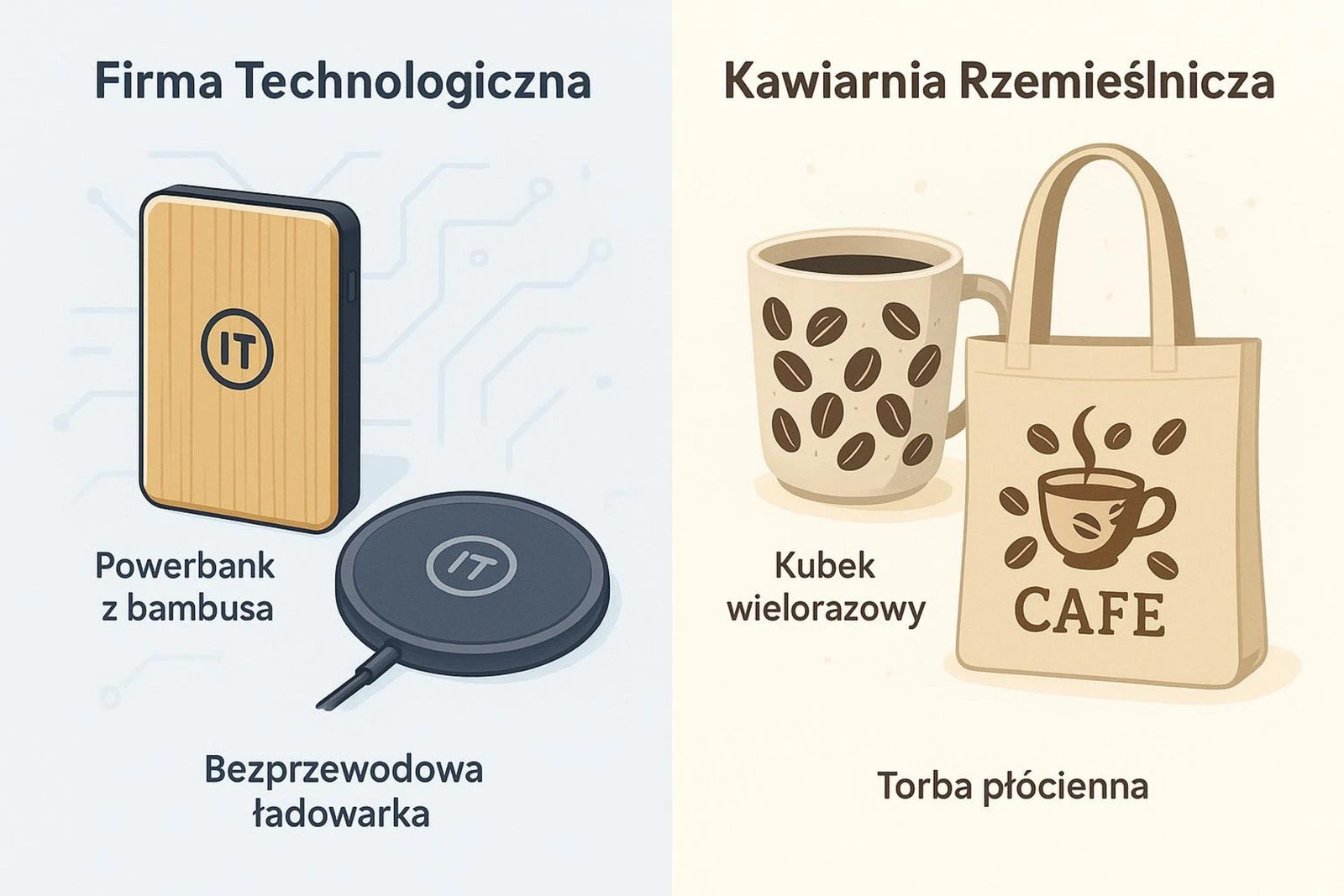 Eko gadżety reklamowe dla firm – bambusowy powerbank, ładowarka bezprzewodowa, kubek wielorazowy i torba bawełniana.