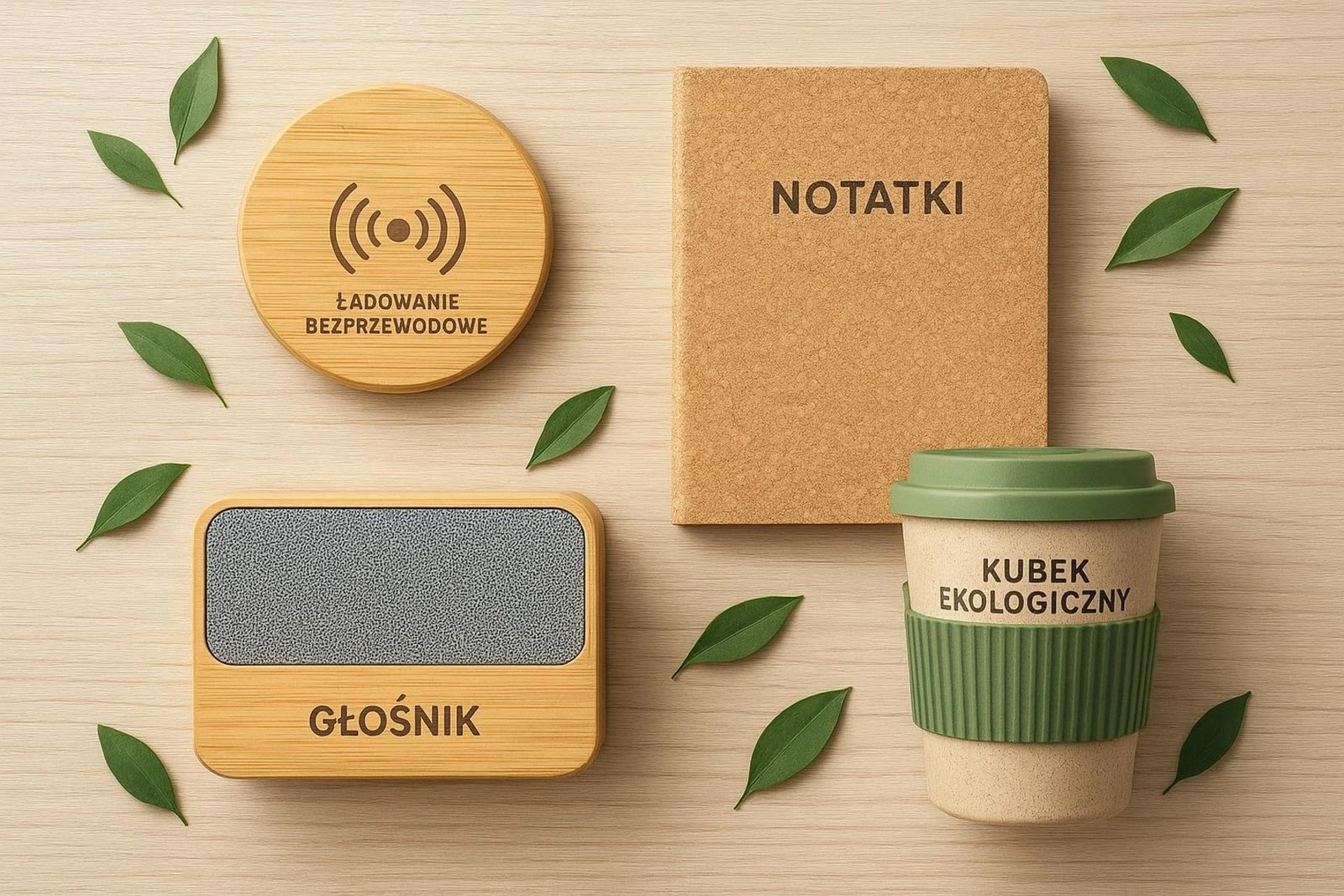Nowoczesne ekologiczne gadżety reklamowe z bambusa – ładowarka bezprzewodowa, głośnik i notes z recyklingu.