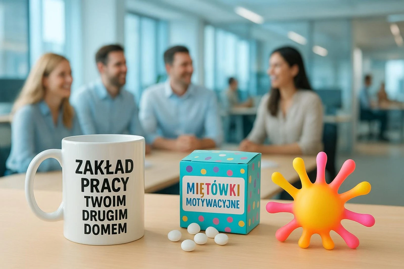 Kubek z napisem „Zakład pracy Twoim drugim domem” jako śmieszny prezent dla pracownika.