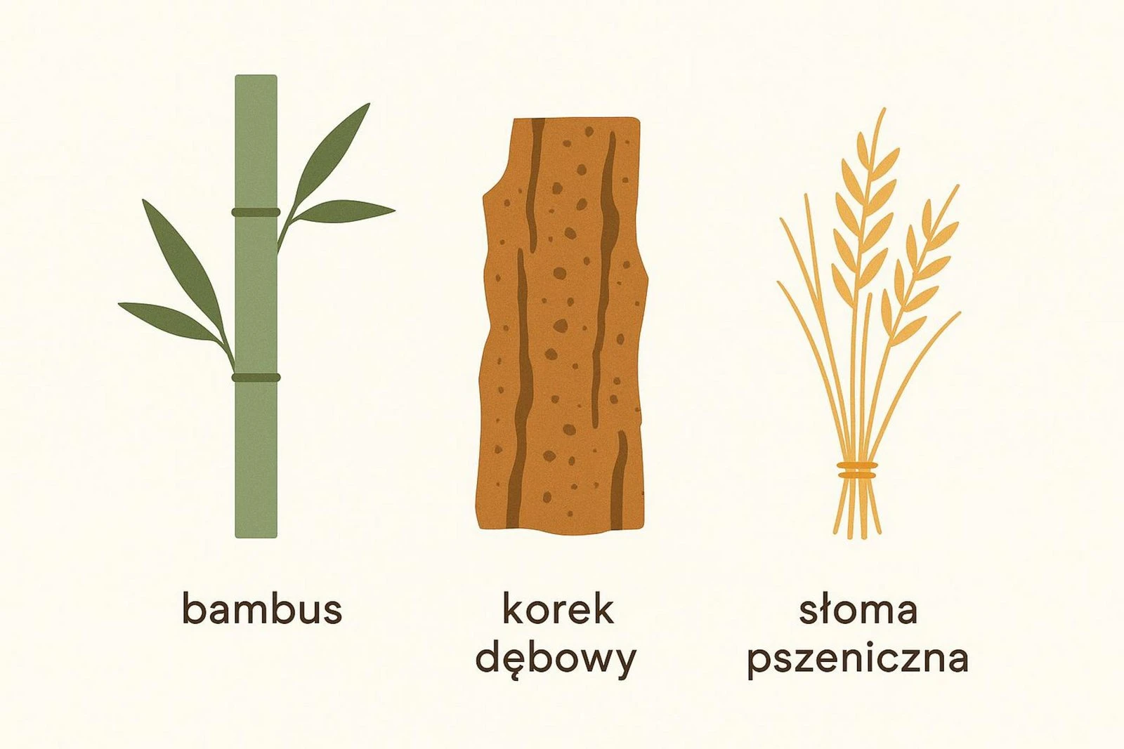Naturalne materiały do produkcji eko gadżetów: bambus, korek dębowy i słoma pszeniczna.