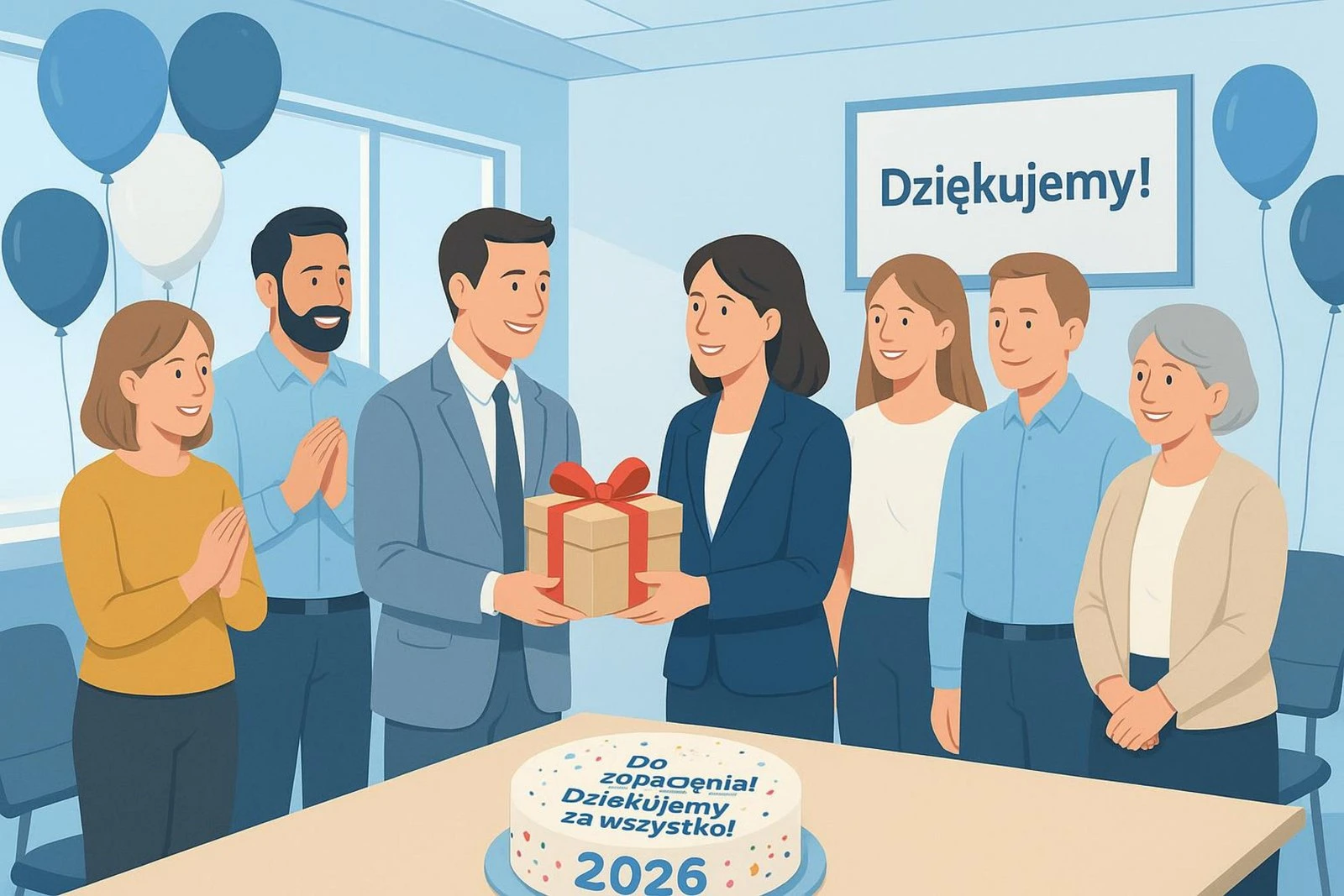 Oficjalne pożegnanie pracownika z wręczeniem prezentu od zespołu.