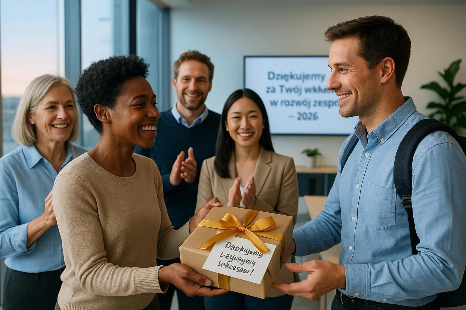 Zespół wręcza prezent dla odchodzącego pracownika podczas pożegnania w biurze