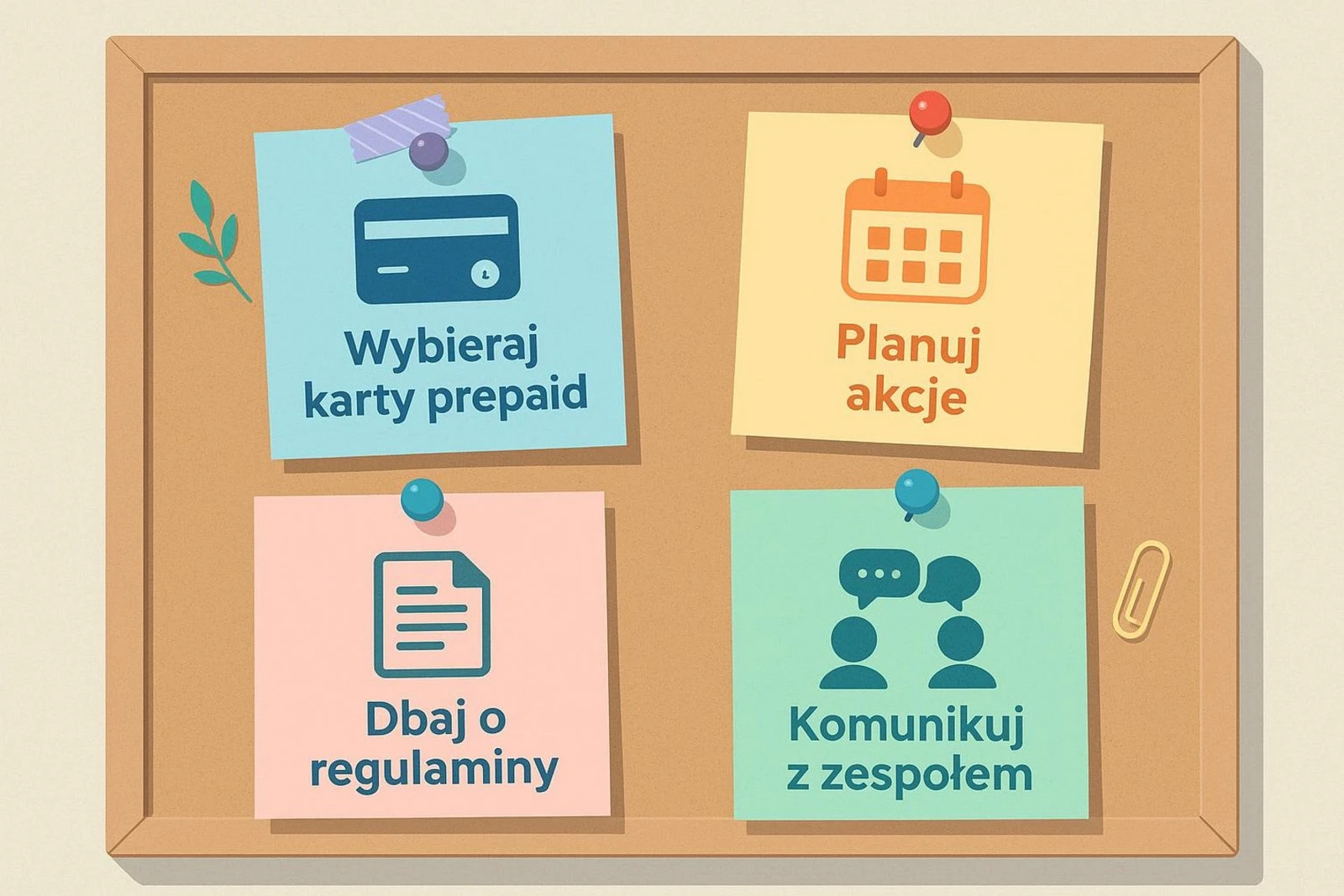 Tablica z karteczkami: wybieraj karty prepaid, planuj akcje, dbaj o regulaminy i komunikuj z zespołem.
