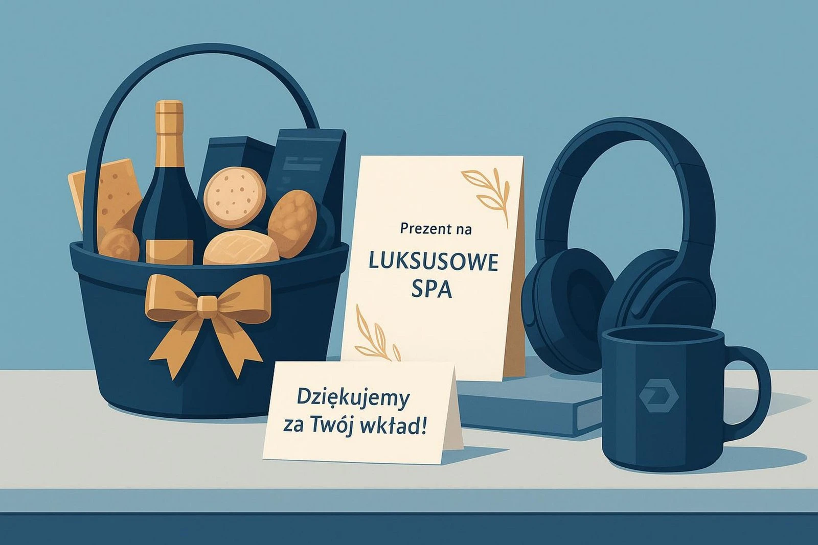 Zestaw prezentowy dla pracownika: kosz z przekąskami, karta podarunkowa na SPA i słuchawki na biurku.