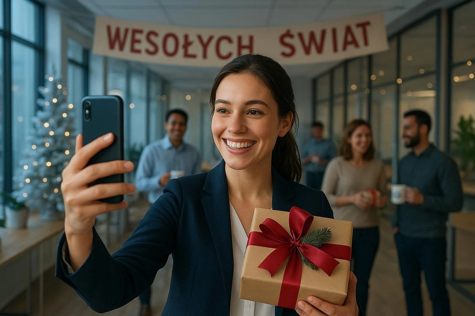 Wręczanie prezentu świątecznego pracownikowi podczas firmowego spotkania w biurze.