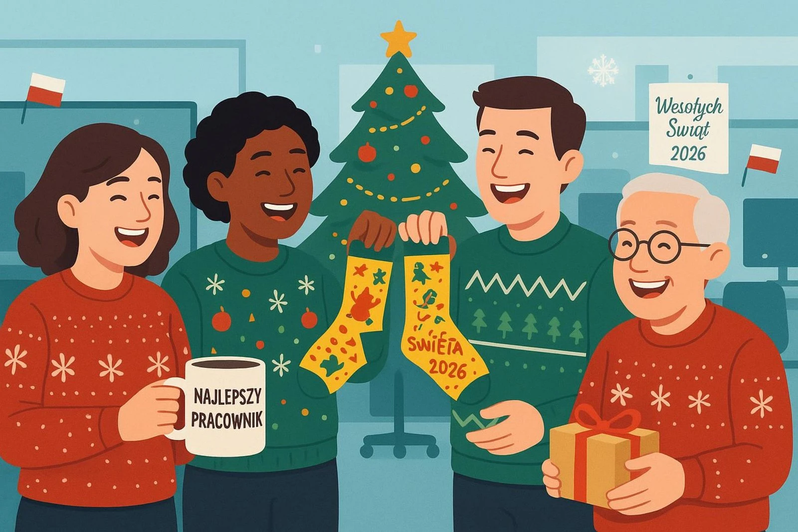 Zespół pracowników w świątecznych swetrach wręczający sobie zabawne prezenty firmowe.