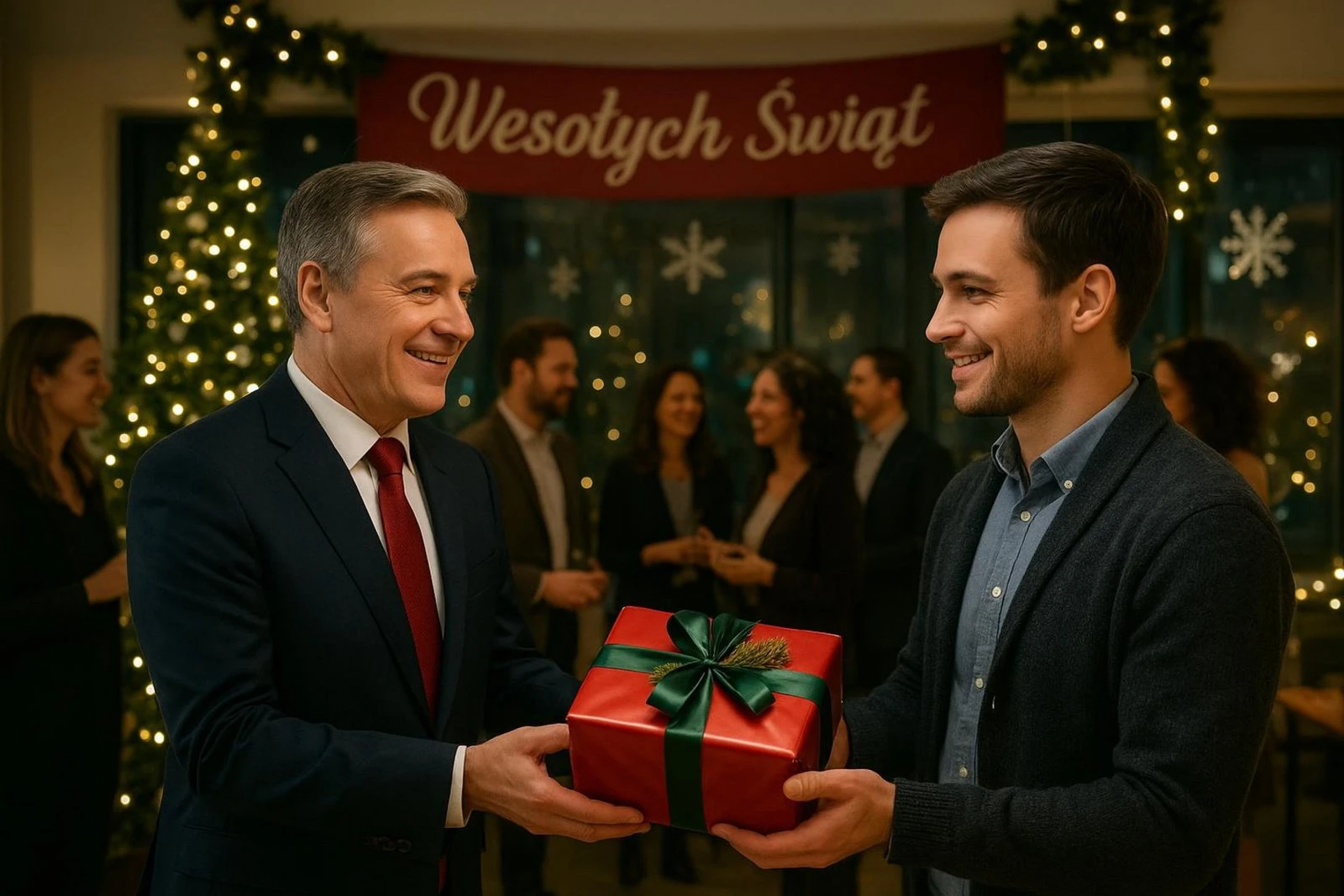 Świąteczne spotkanie firmowe z wręczeniem prezentu pracownikowi przy choince.