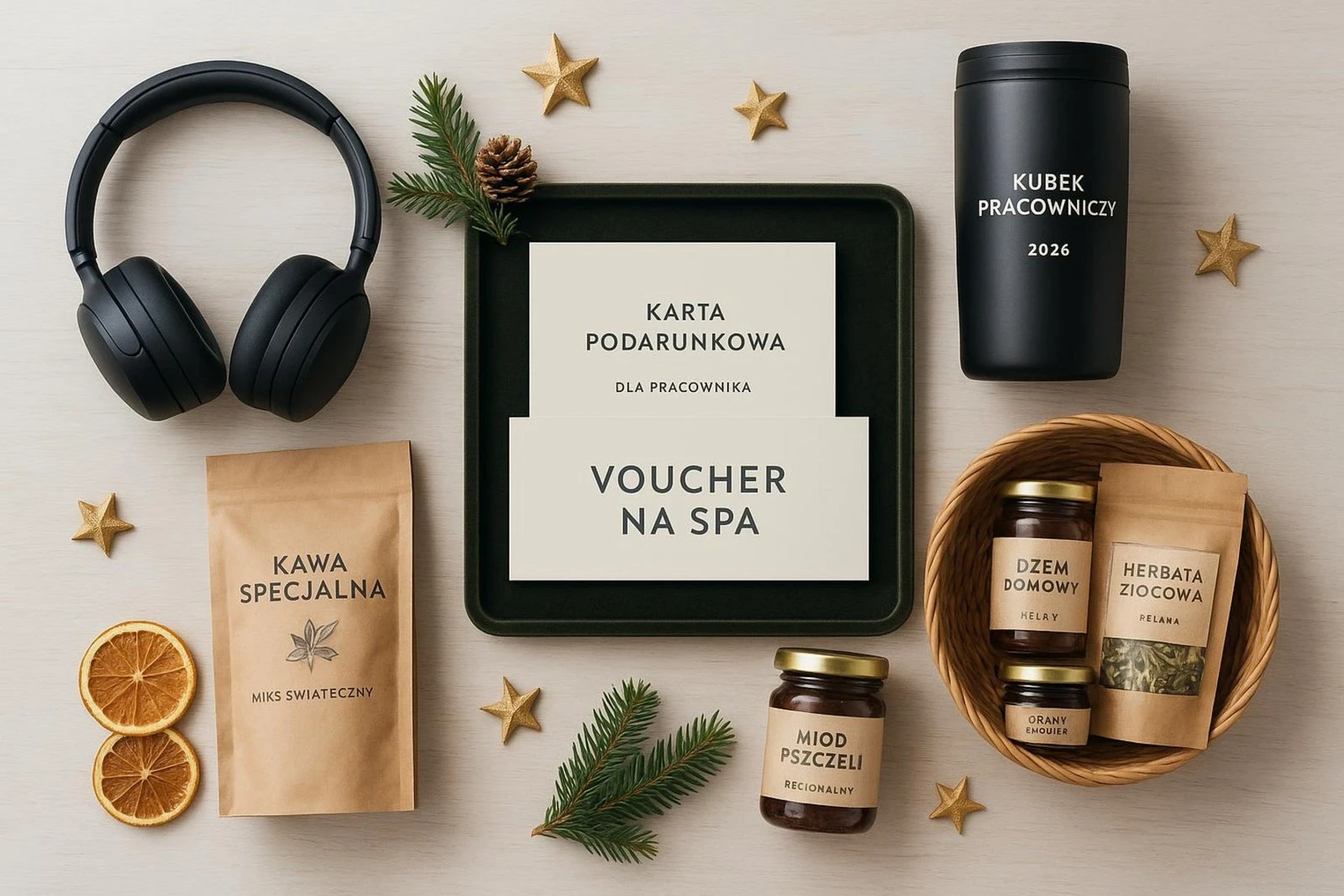 Zestaw świąteczny dla pracownika z kartą podarunkową, kawą, świecą i voucherem na SPA.