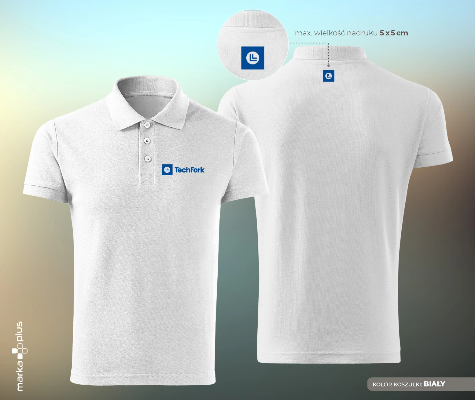 Wizualizacja koszulki polo z logo TechFork przygotowana przez grafika marka.plus