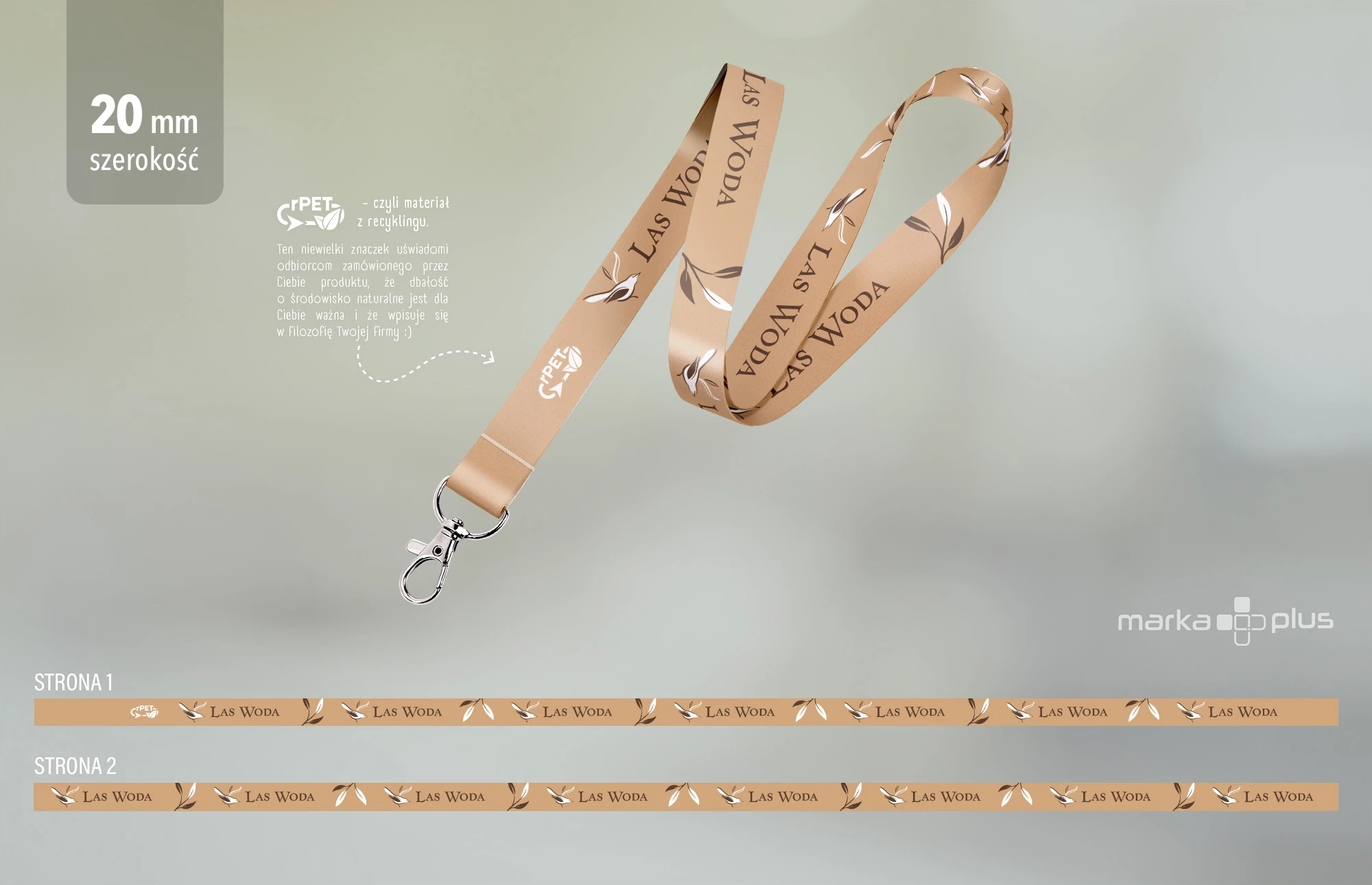 Wizualizacja smyczy reklamowej 20 mm z logo LAS WODA przygotowana przez grafika marka.plus