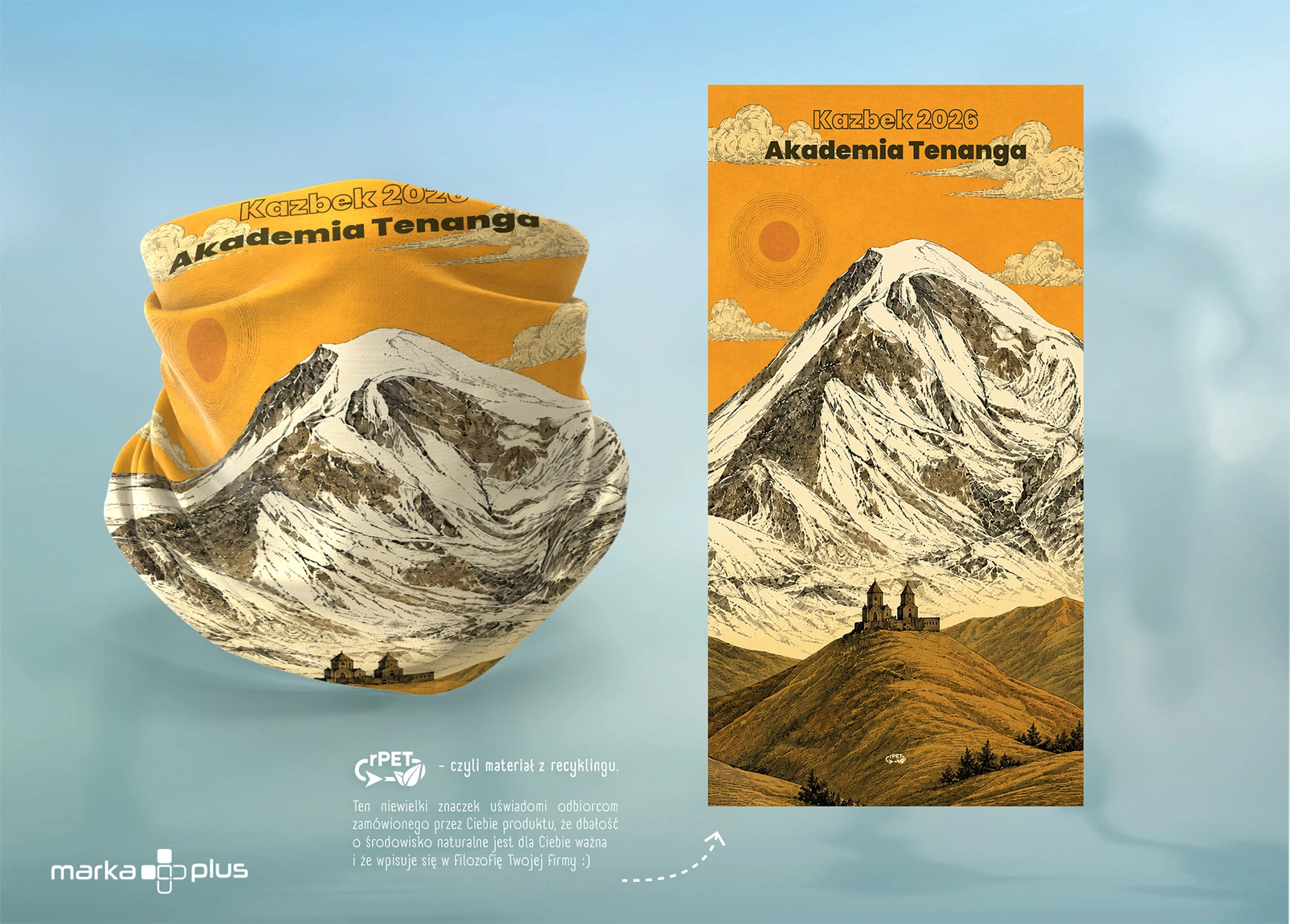 Wizualizacja komina sportowego z nadrukiem Kazbek 2026 dla Akademii Tenanga przygotowana przez grafika marka.plus