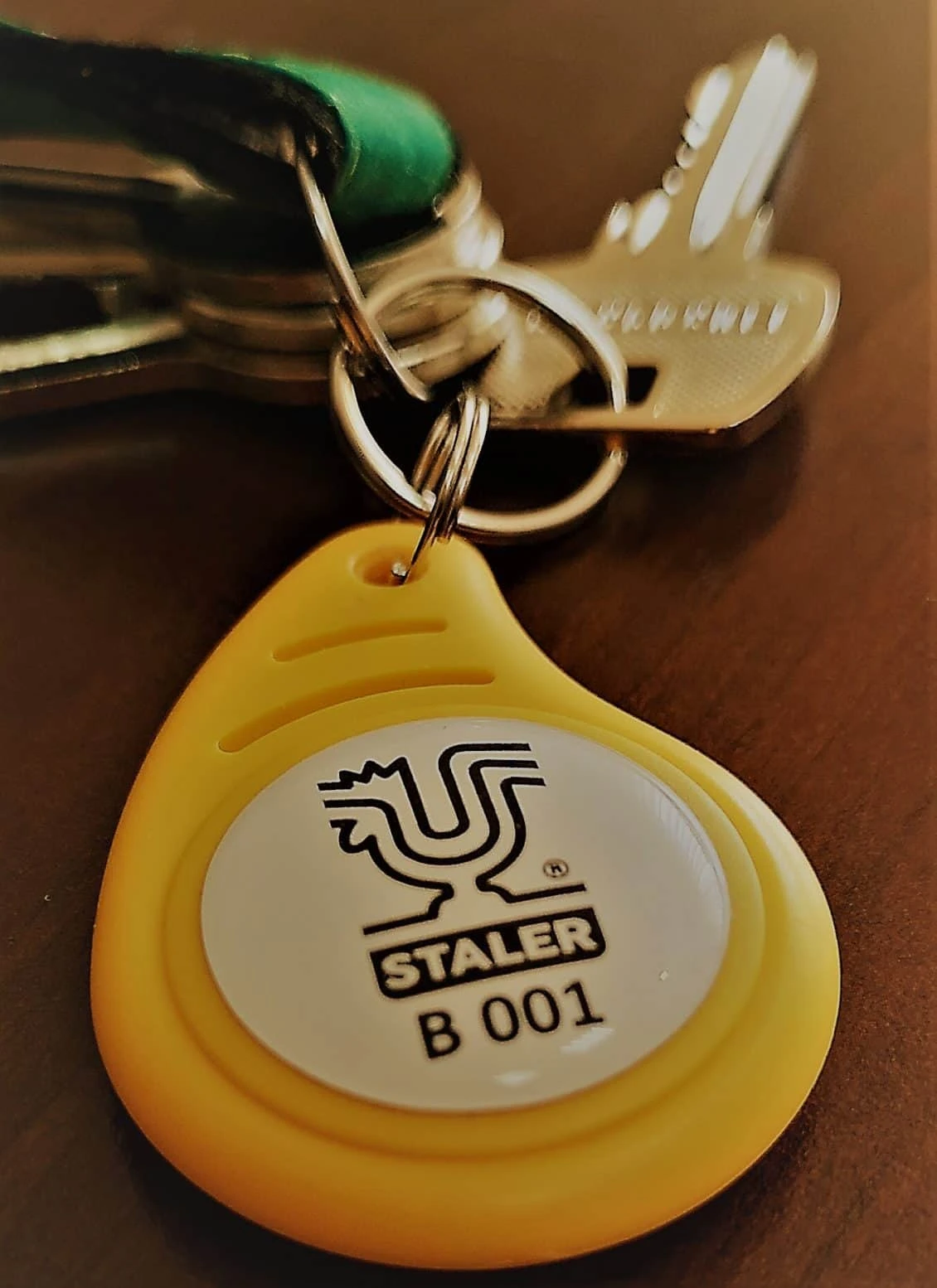 naklejka z logo staler przyklejona na breloku