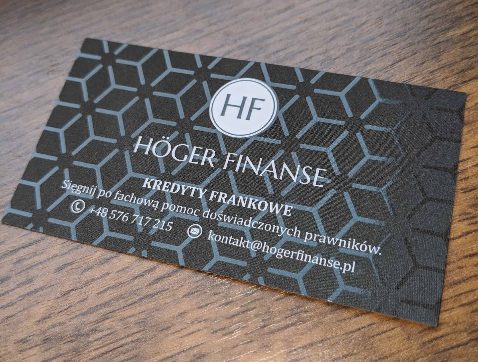 Piękne wizytówki z błyszczącymi elementami dla HF Hoger Finanse