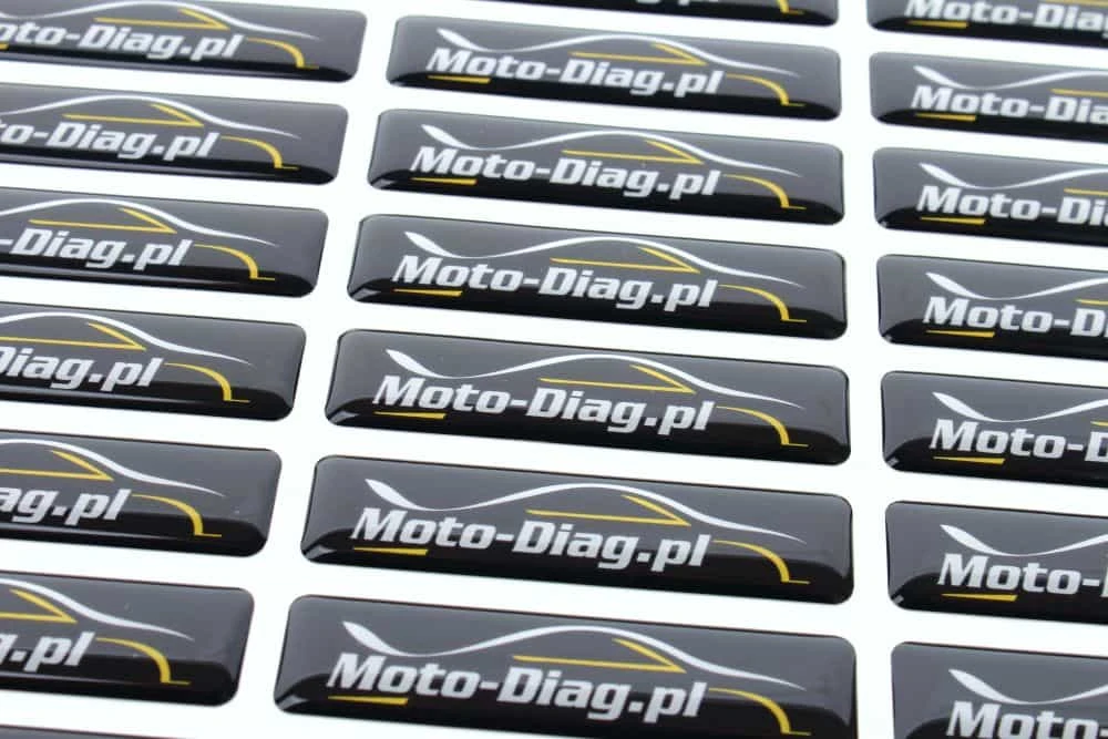 prostokątne naklejki żywiczne z logo moto-diag.pl