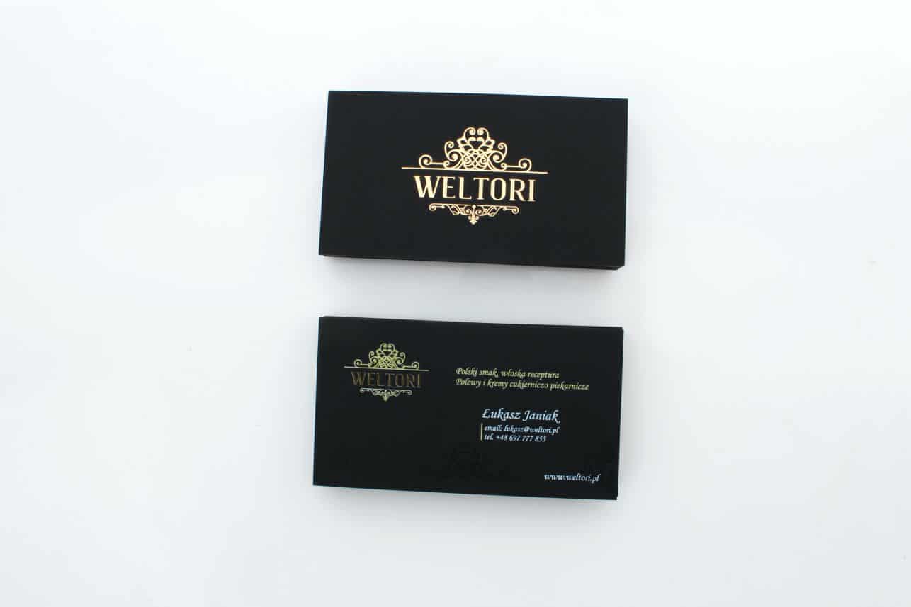 wizytówki ze złoconymi elementami realizowane dla firmy Weltori
