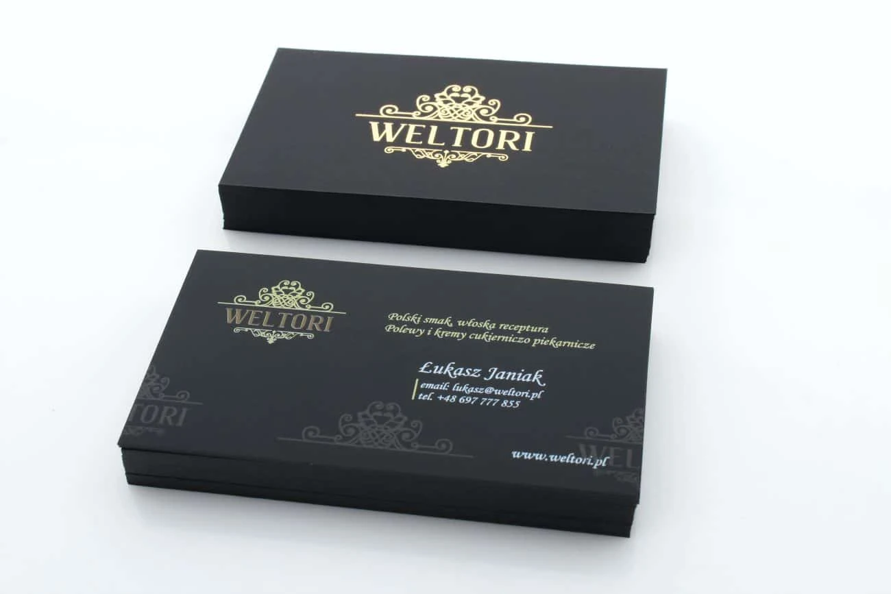 wizytówki ze złoconymi elementami realizowane dla firmy Weltori